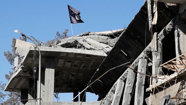Флаг ИГ (террористическая организация, запрещена в РФ) на разрушенном доме в Ракке, Сирия. 18 октября 2017