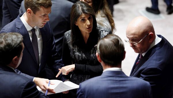 Постоянные представители России и США при ООН Василий Небензя и Никки Хейли во время заседания Совета Безопасности. 16 ноября 2017