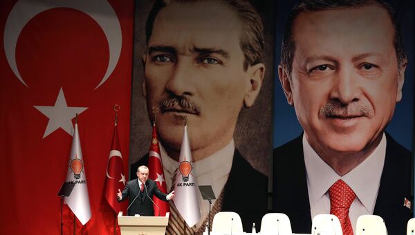 Президент Турции Тайип Эрдоган выступает в Анкаре перед главами региональных отделений правящей Партии справедливости и развития. 17 ноября 2017