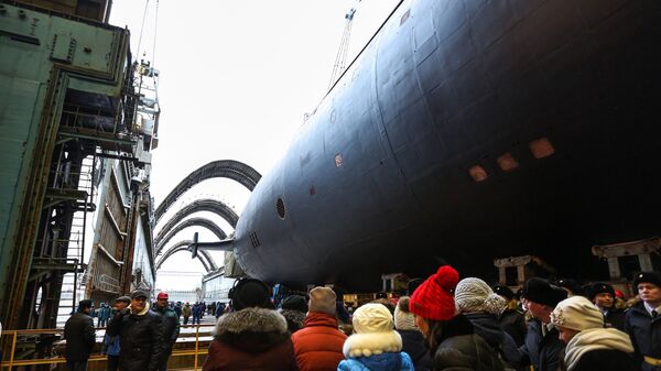 Торжественная церемония спуска на воду нового стратегического атомного подводного крейсера Князь Владимир в Северодвинске