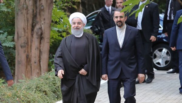 Президент Ирана Хасан Рухани перед началом встречи с президентом РФ Владимиром Путиным и президентом Турции Реджепом Тайипом Эрдоганом. 22 ноября 2017