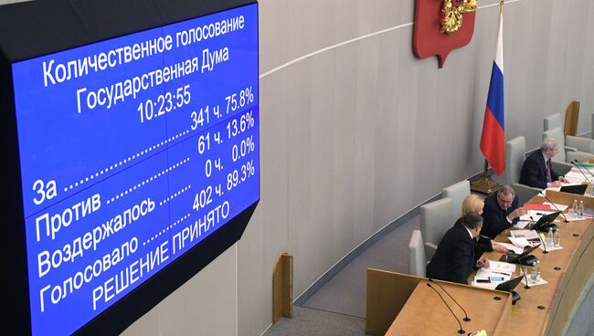 Информационное табло о количественном голосовании на пленарном заседании Государственной Думы РФ