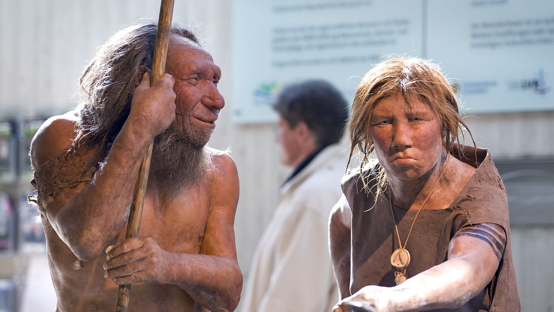 Реконструкция первобытных мужчины и женщины в Музее неандертальцев в Меттмане - РИА Новости, 1920, 20.10.2022