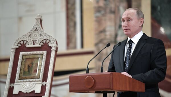 Президент РФ Владимир Путин выступает на заседании Архиерейского собора Русской православной церкви. 1 декабря 2017