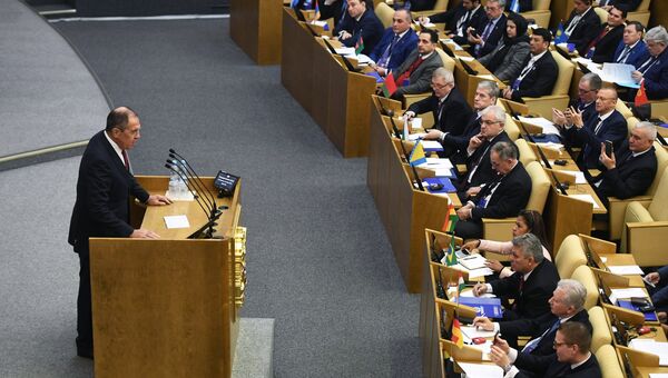 Министр иностранных дел России Сергей Лавров выступает на Международной конференции Парламентарии против наркотиков. 4 декабря 2017