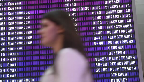 Электронное табло с информацией об отмене и переносе рейсов в аэропорту Шереметьево. Архивное фото