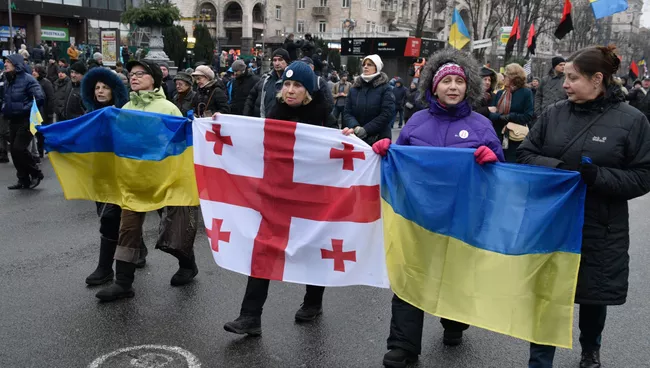 Участники акции протеста сторонников экс-президента Грузии Михаила Саакашвили с требованием принятия закона об импичменте в Киеве. 10 декабря 2017