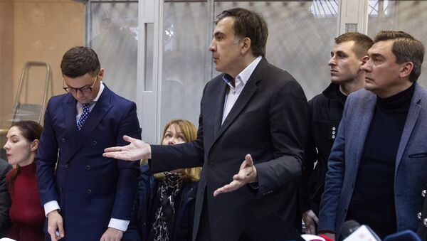 Михаил Саакашвили во время судебного процесса по избранию ему меры пресечения в Печерском районном суде Киева. 11 декабря 2017