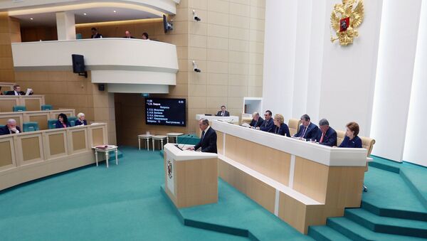 Сергей Лавров выступает на заседании Совета Федерации РФ. 15 декабря 2017