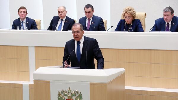 Сергей Лавров выступает на заседании Совета Федерации РФ. 15 декабря 2017