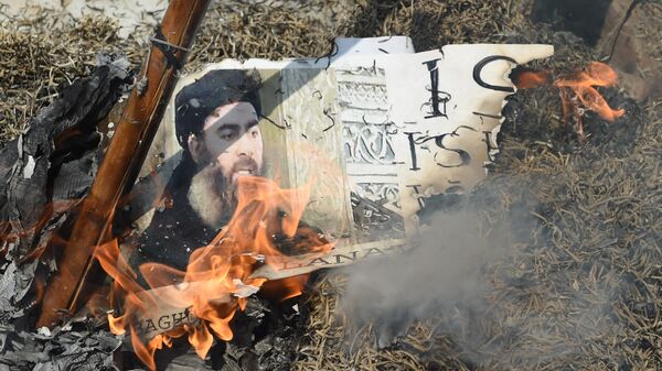 Портерт лидера Исламского государства* Абу Бакра аль-Багдади сжигают во время демонстрации в Индии