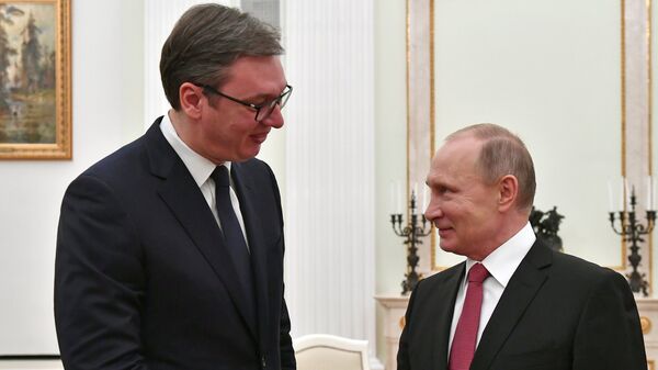 Президент РФ Владимир Путин и президент республики Сербии Александр Вучич (слева) во время встречи. Архивное фото