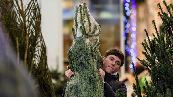 Посетитель выбирает елку в гипермаркете ОБИ в Москве. 20 декабря 2017