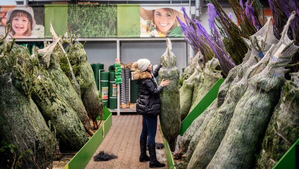 Посетитель выбирает елку в гипермаркете ОБИ в Москве