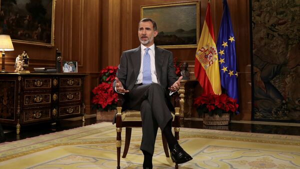 Король Испании Фелипе VI обращается с традиционной рождественской речью в Дворец Зарзуэла в Мадриде, Испания. 23 декабря 2017