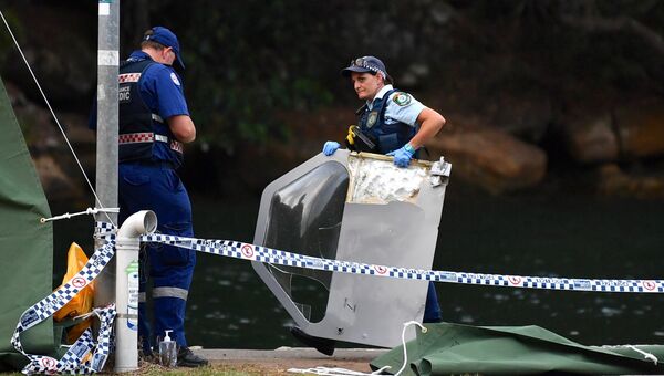Полиция с обломками самолета, который разбилсяна реке Хоксбери, Австралия. 31 декабря 2017