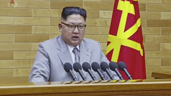Лидер КНДР Ким Чен Ын во время поздравления граждан КНДР с Новым годом на Центральном телевидении Северной Кореи. 1 января 2018