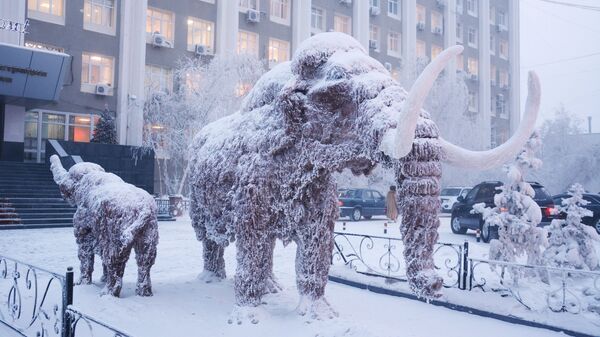 Скульптура мамонта возле здания окружной администрации города Якутска
