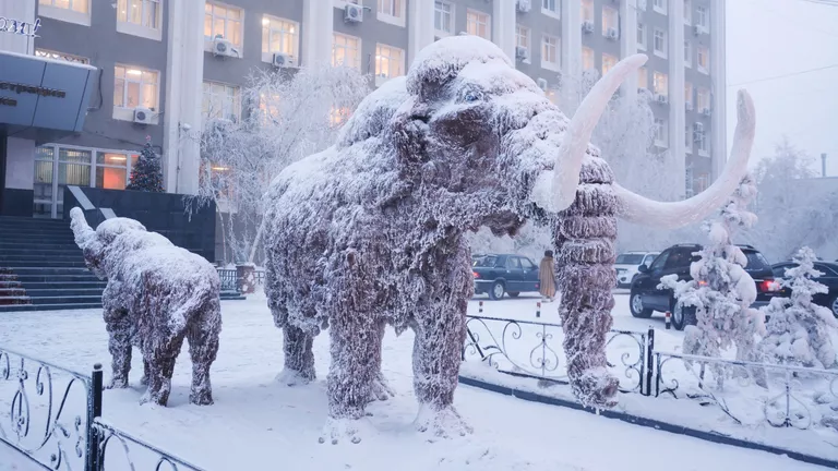 Скульптура мамонта возле здания окружной администрации города Якутска