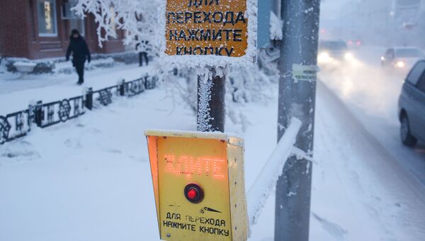 Кнопка для пешеходов на светофоре в городе Якутске