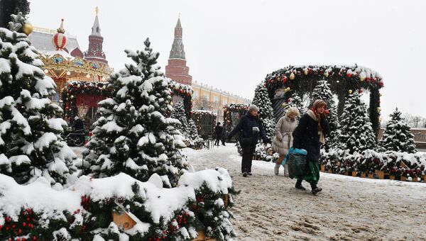 Прохожие на Манежной площади во время снегопада в Москве. 18 января 2018