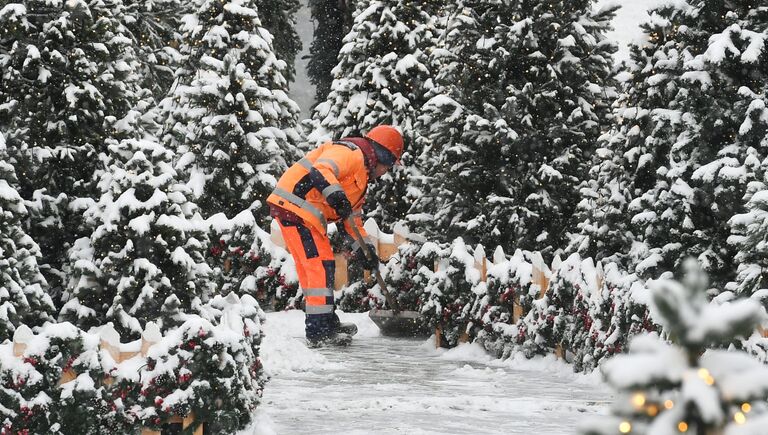Коммунальные службы Москвы ликвидируют последствия сильного снегопада на Манежной площади