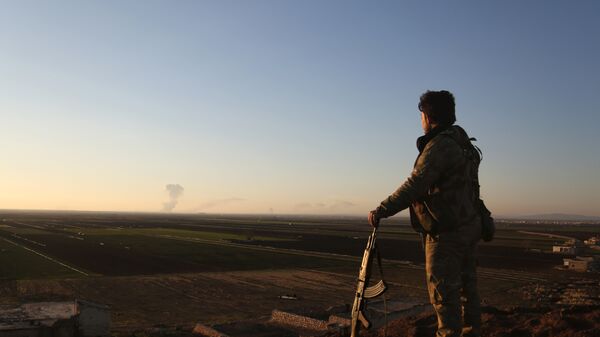 Сирийский боевик наблюдает за районом Африн