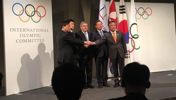 Во время четырёхсторонней встречи между делегациями национальных олимпийских комитетов КНДР и Южной Кореи в Лозанне. 20 января 2018
