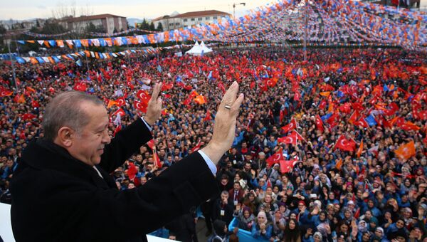 Президент Турции Тайип Эрдоган во время митинга в Бурсе, Турция. 21 января 2018