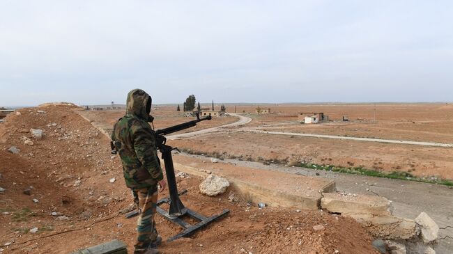Сирийский военнослужащий в аэропорту Абу-Дхоу в провинции Идлиб, Сирия. 21 января 201