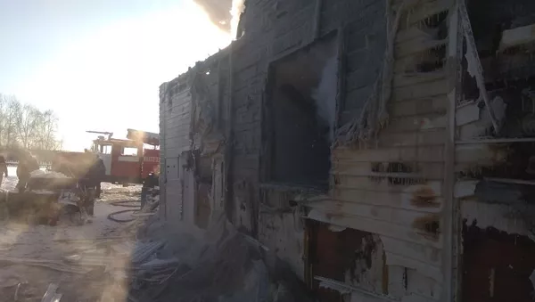 Пожарные работают на месте ликвидации пожара в частном жилом доме в селе Седельниково Омской области. 22 января 2018