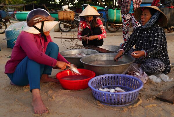 Местные жители разделывают рыбу на берегу в деревне Ке Га во Вьетнаме