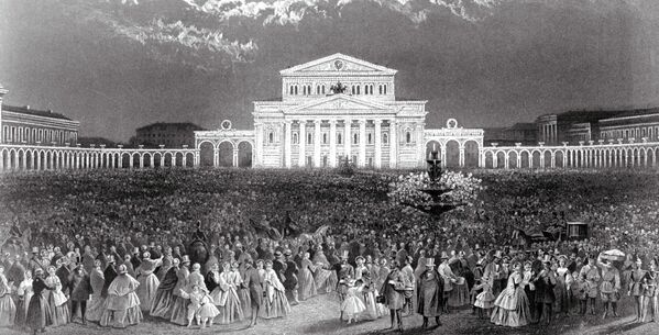 Репродукция литографии 1856 года Иллюминация Большого театра в день коронации