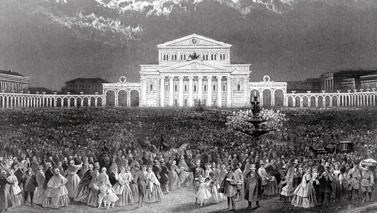 Репродукция литографии 1856 года Иллюминация Большого театра в день коронации