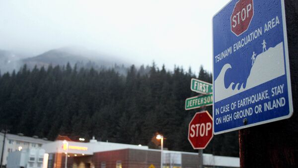 Знак, обозначающий зону эвакуации, на Аляске. Архивное фото