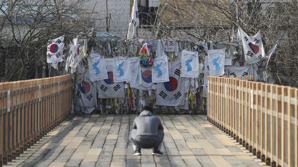 Нейтральный флаг двух Корей в городе Пхаджу в преддверии Олимпийских игр в Пхенчхане. 19 января 2018