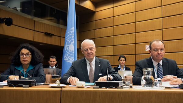 Спецпосланника ООН Стаффан Де Мистура перед началом переговоров с делегацией сирийской оппозиции в Вене. 25 января 2018