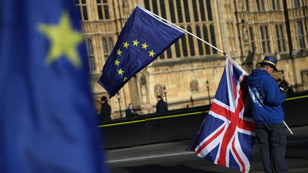 Демонстрант с флагами ЕС и Великобритании в центре Лондона