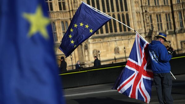 Демонстрант с флагами ЕС и Великобритании в центре Лондона. Архивное фото