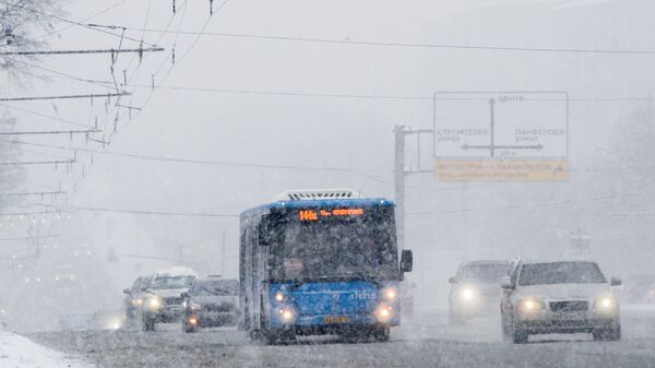 Автотранспорт во время снегопада в Москве
