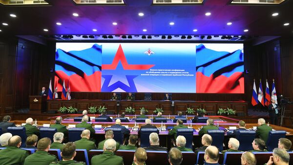 Президент РФ Владимир Путин принимает участие в военно-практической конференции по итогам специальной операции в Сирии в Национальном центре управления обороной РФ. 30 января 2018