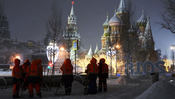 Сотрудники коммунальных служб убирают снег на улице в Москве