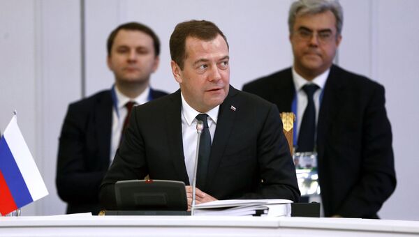 Дмитрий Медведев во время очередного заседания Евразийского межправительственного совета с участием глав правительств стран-участниц ЕАЭС. 2 февраля 2018