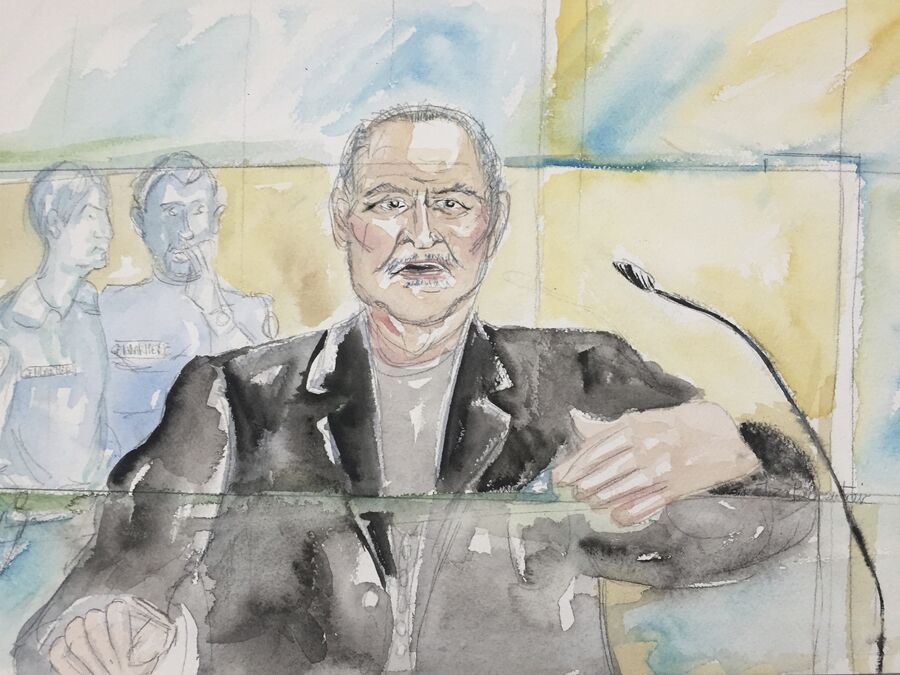 Международный террорист Ильич Рамирес Санчес на рисунке из зала суда в Париже. 28 марта 2017 года