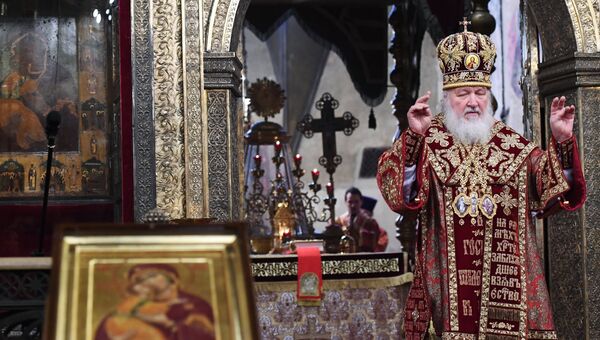 Патриарх Московский и всея Руси Кирилл проводит напутственный молебен для российской олимпийской сборной. 4 декабря 2018