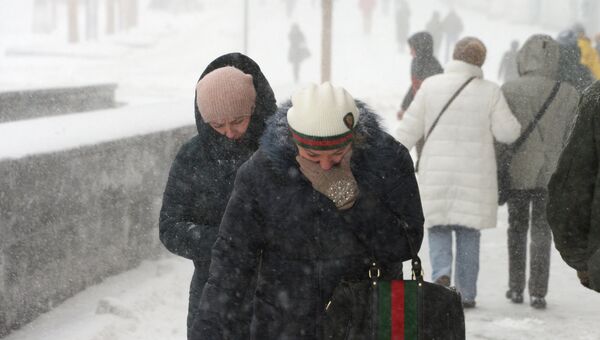 Прохожие на Тверской улице во время снегопада в Москве. 4 февраля 2018
