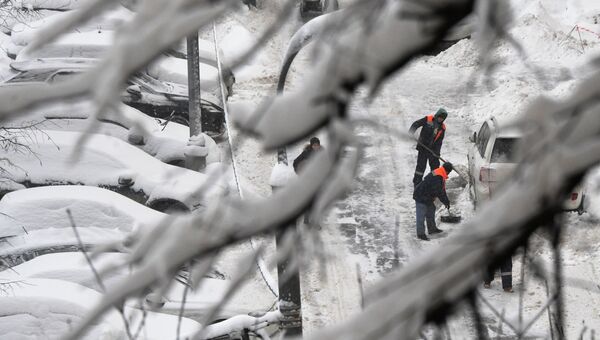 Сотрудники коммунальных служб убирают снег на дороге в Москве