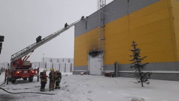 Сотрудники МЧС во время тушения пожара в деревне Аннолово на заводе ТехноНиколь. 5 февраля 2018