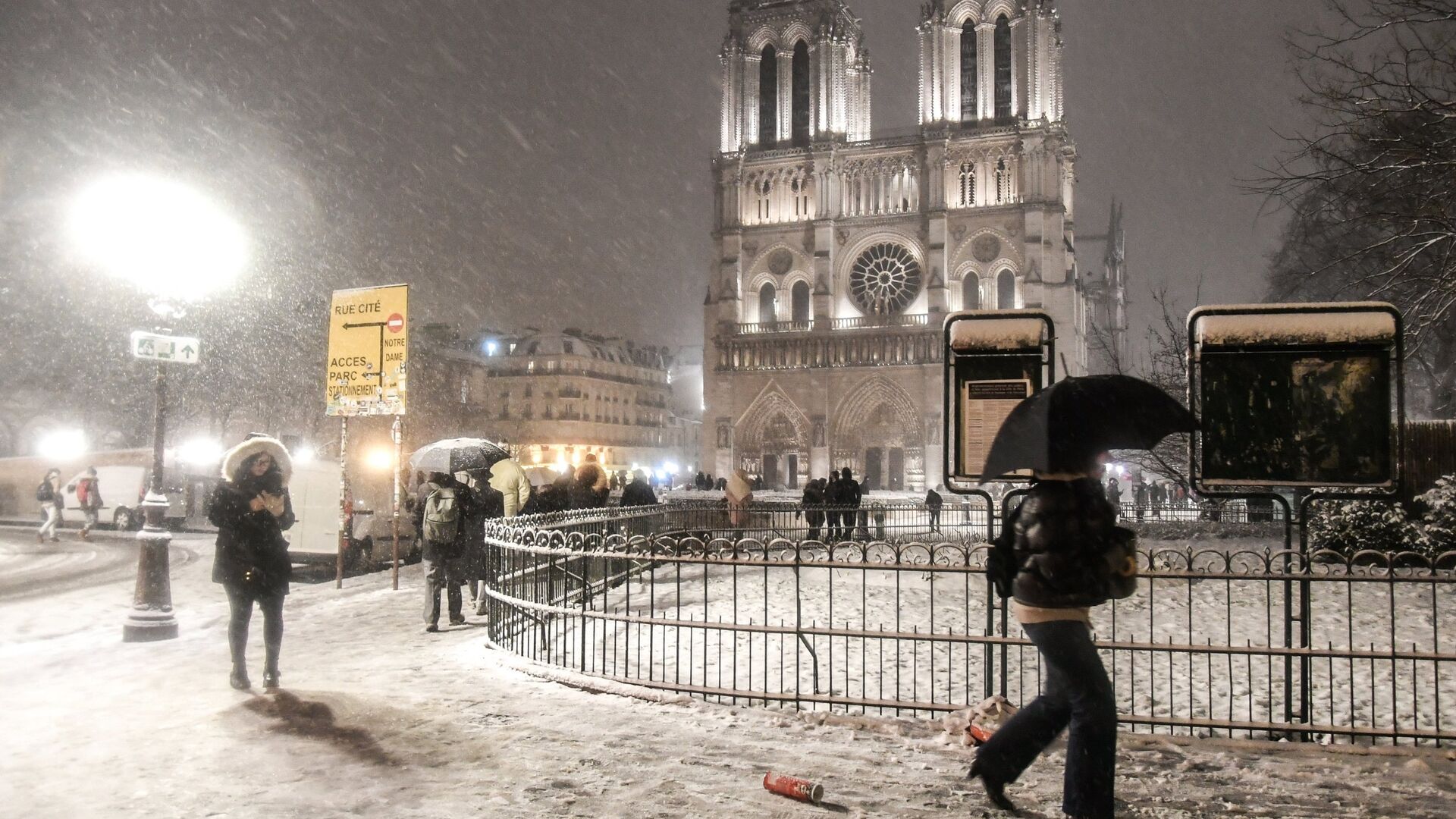 Прохожие возле собора Парижской Богоматери (Notre-Dame de Paris) во время снегопада в Париже - РИА Новости, 1920, 08.01.2024