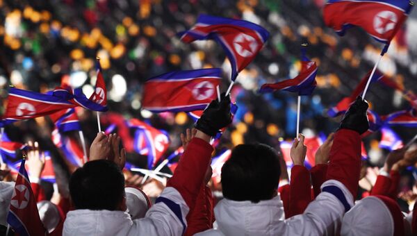 Болельщики из КНДР во время церемонии открытия XXIII зимних Олимпийских игр
